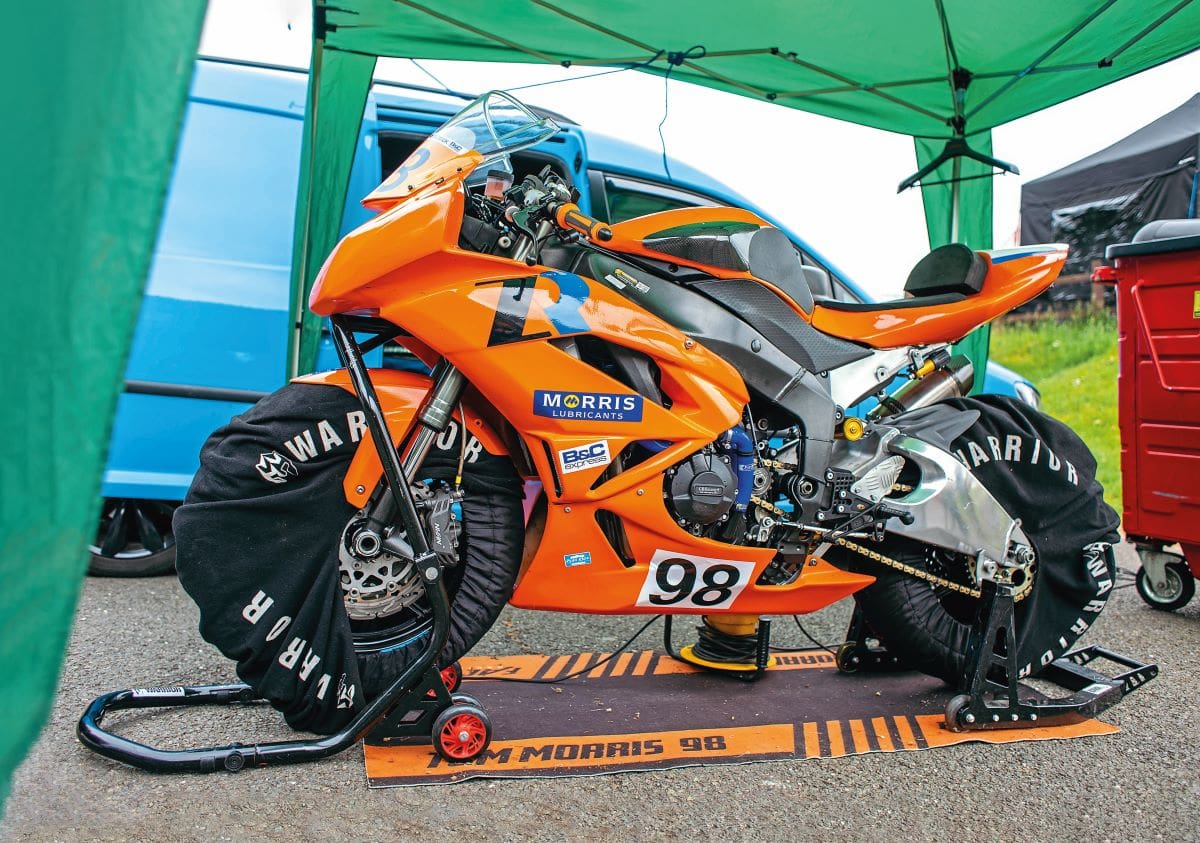 Tom Morris's bright orange Kawasaki ZX-6R